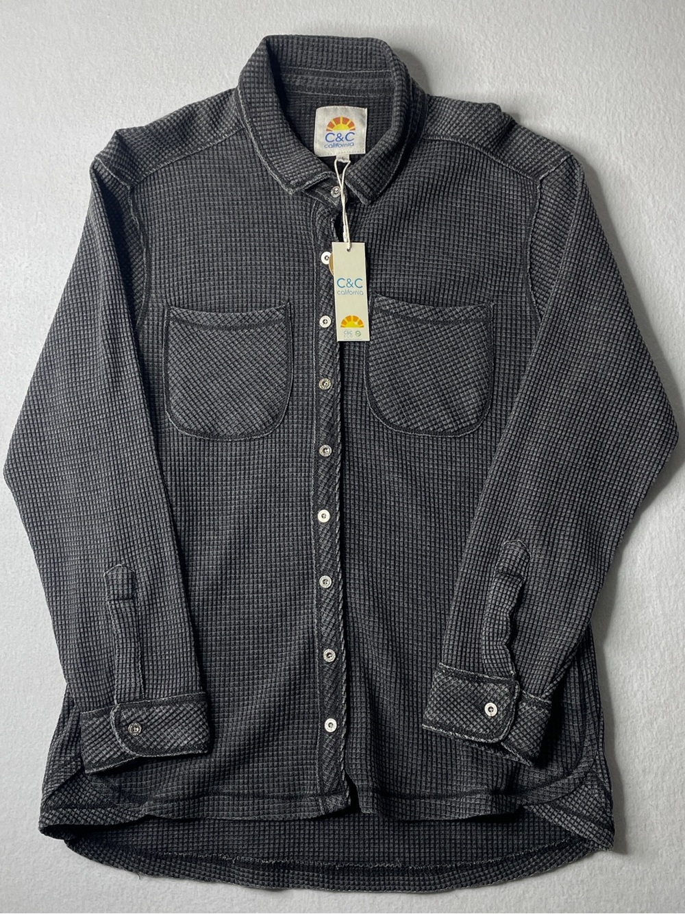 C&C California Waffle Knit Shacket Womens Large Gray Button Down Shirt Cozy NWT